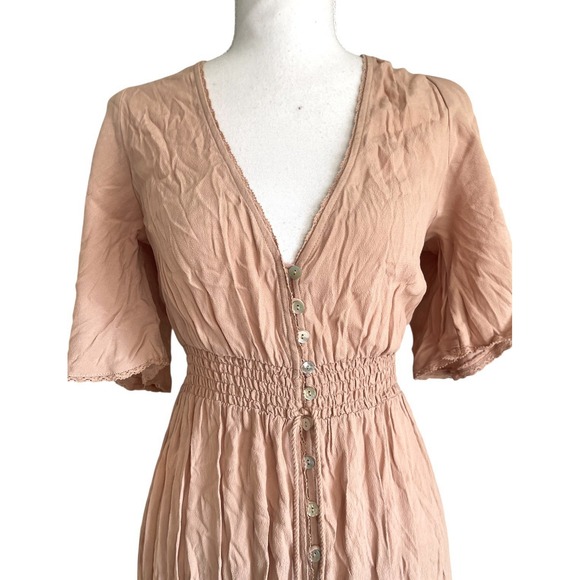NWT Forever 21 Smocked Peach Maxi Dress Button Detail Cottagecore Prairie Church - Picture 2 of 10